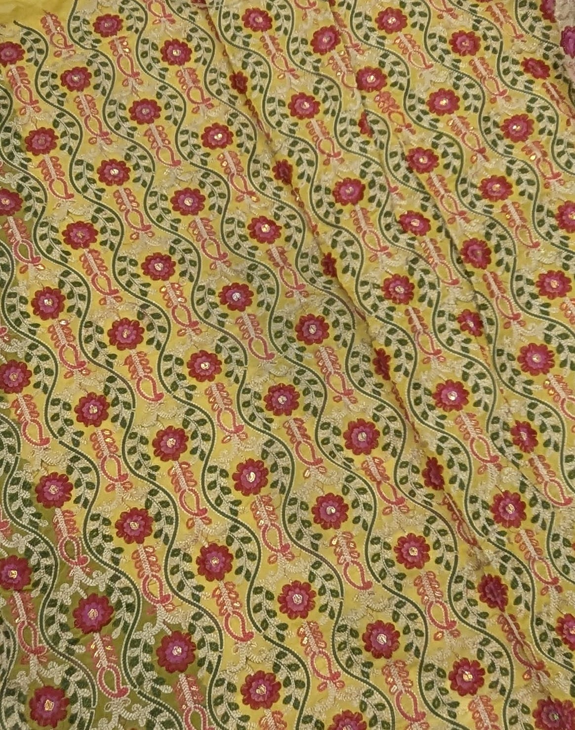 Embroidered Yellow Dities Silk Fabric (2 Yards)